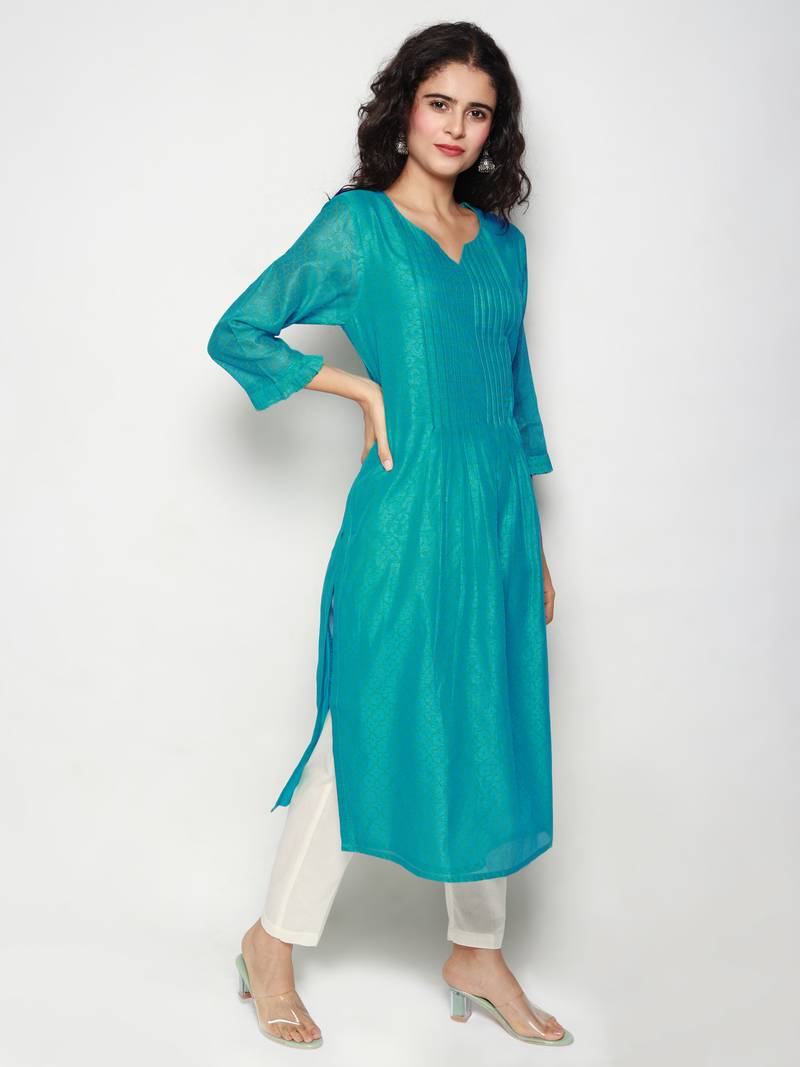 Turquoise Block Print Chanderi Pleated Kurta with Pants