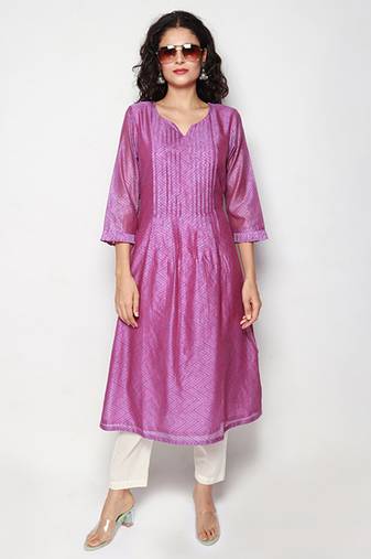 Purple Block Print Chanderi Pleated Kurta with Pants