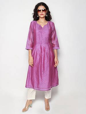 Purple Block Print Chanderi Pleated Kurta with Pants 1