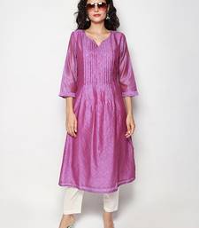 Purple Block Print Chanderi Pleated Kurta with Pants