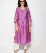 Purple Block Print Chanderi Pleated Kurta with Pants