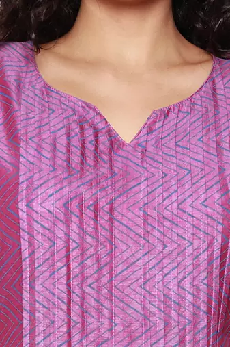 Purple Block Print Chanderi Pleated Kurta with Pants