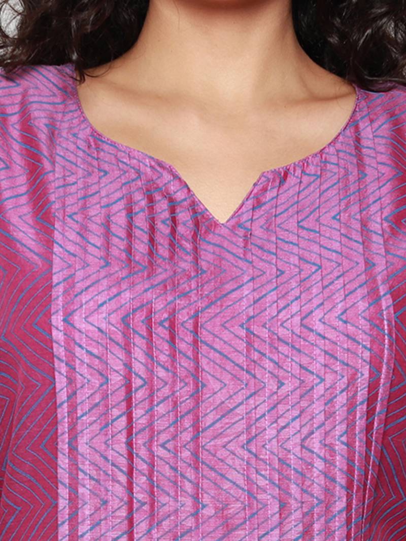 Purple Block Print Chanderi Pleated Kurta with Pants