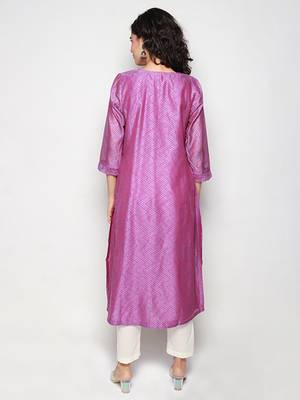 Purple Block Print Chanderi Pleated Kurta with Pants 3