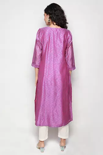 Purple Block Print Chanderi Pleated Kurta with Pants