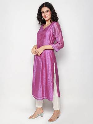 Purple Block Print Chanderi Pleated Kurta with Pants 4