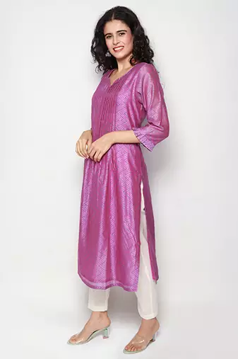 Purple Block Print Chanderi Pleated Kurta with Pants