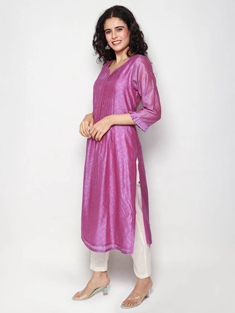 Purple Block Print Chanderi Pleated Kurta with Pants