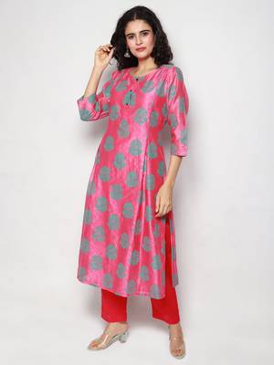 Pink Block Print Chanderi Pleated Kurta with Pants 1