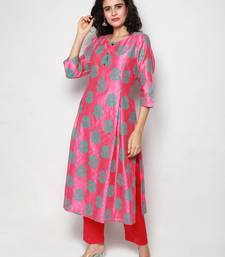 Pink Block Print Chanderi Pleated Kurta with Pants