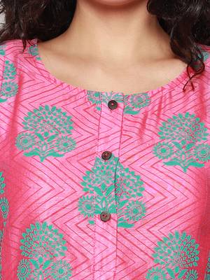 Pink Block Print Chanderi Pleated Kurta with Pants 2
