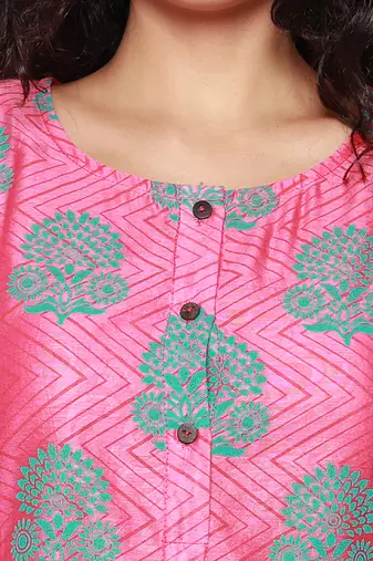 Pink Block Print Chanderi Pleated Kurta with Pants