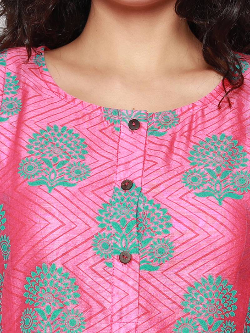 Pink Block Print Chanderi Pleated Kurta with Pants