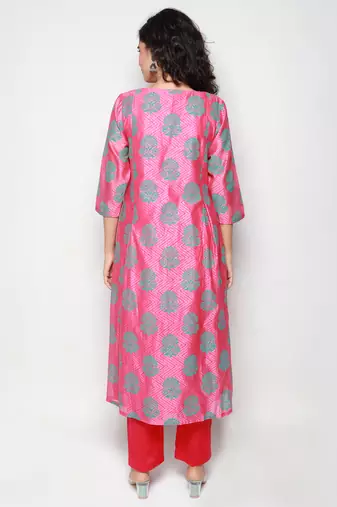 Pink Block Print Chanderi Pleated Kurta with Pants