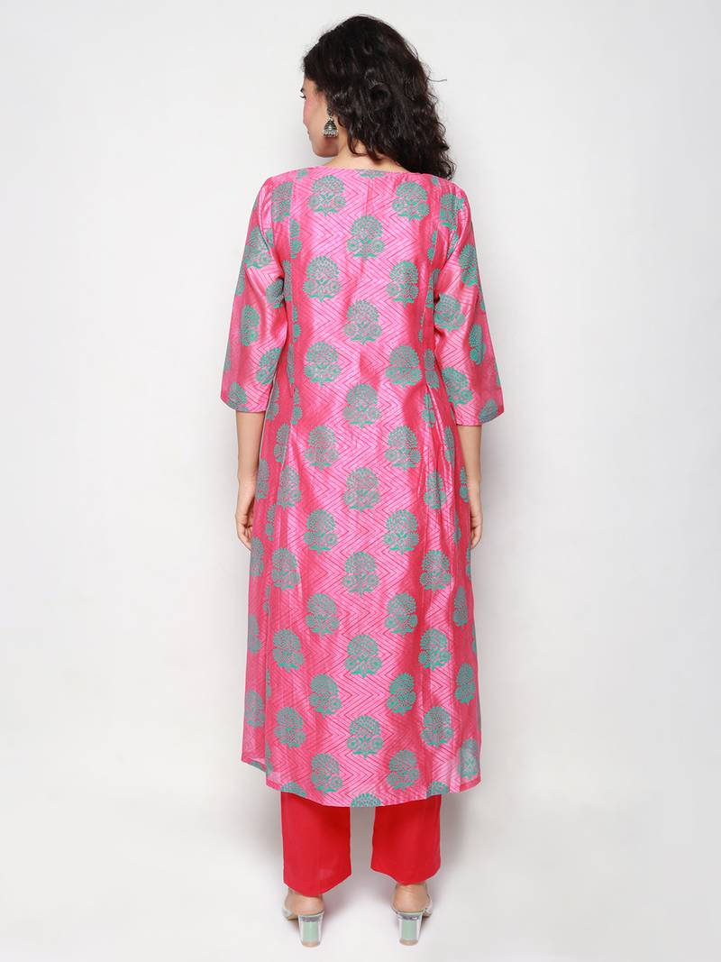 Pink Block Print Chanderi Pleated Kurta with Pants