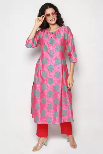 Pink Block Print Chanderi Pleated Kurta with Pants