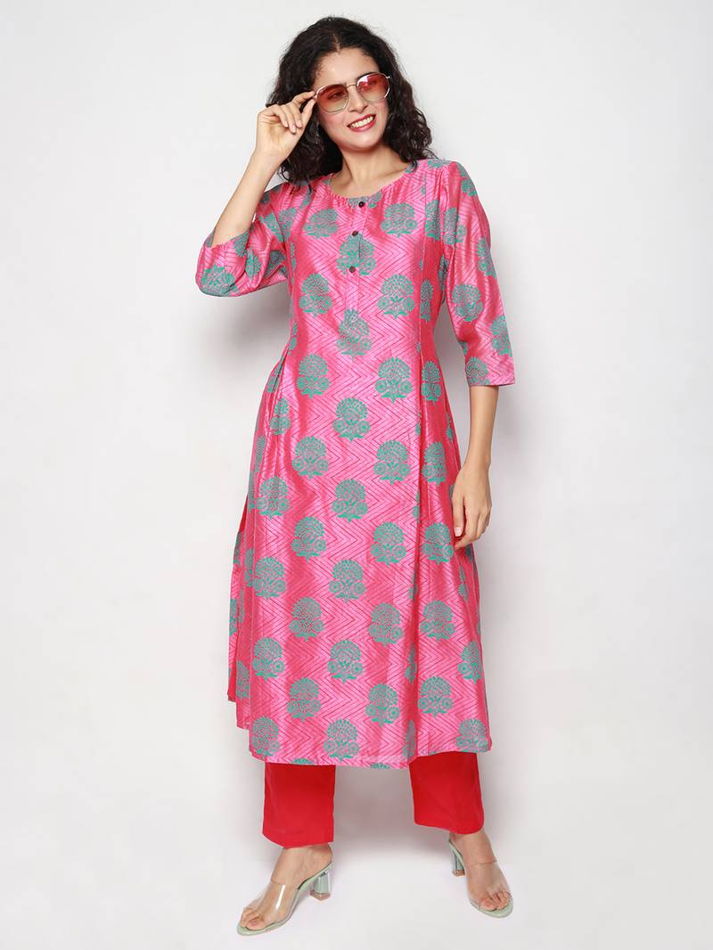 Pink Block Print Chanderi Pleated Kurta with Pants