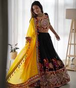 Black Kutch Mirror Work Navratri Lehenga Choli with Yellow Tassel Dupatta Garba Dress