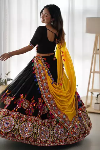 Black Kutch Mirror Work Navratri Lehenga Choli with Yellow Tassel Dupatta Garba Dress