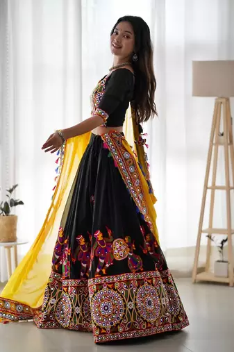 Black Kutch Mirror Work Navratri Lehenga Choli with Yellow Tassel Dupatta Garba Dress