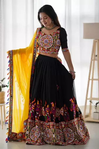 Black Kutch Mirror Work Navratri Lehenga Choli with Yellow Tassel Dupatta Garba Dress