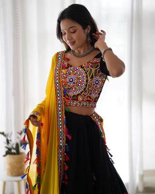Black Kutch Mirror Work Navratri Lehenga Choli with Yellow Tassel Dupatta Garba Dress 5