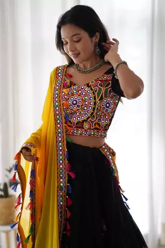 Black Kutch Mirror Work Navratri Lehenga Choli with Yellow Tassel Dupatta Garba Dress