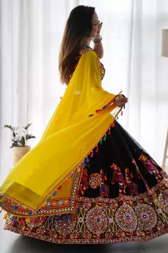 Black Kutch Mirror Work Navratri Lehenga Choli with Yellow Tassel Dupatta Garba Dress
