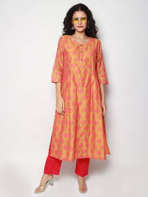 Orange Block Print Chanderi Pleated Kurta with Pants 1