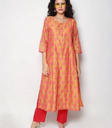 Orange Block Print Chanderi Pleated Kurta with Pants