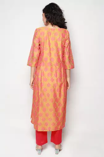 Orange Block Print Chanderi Pleated Kurta with Pants