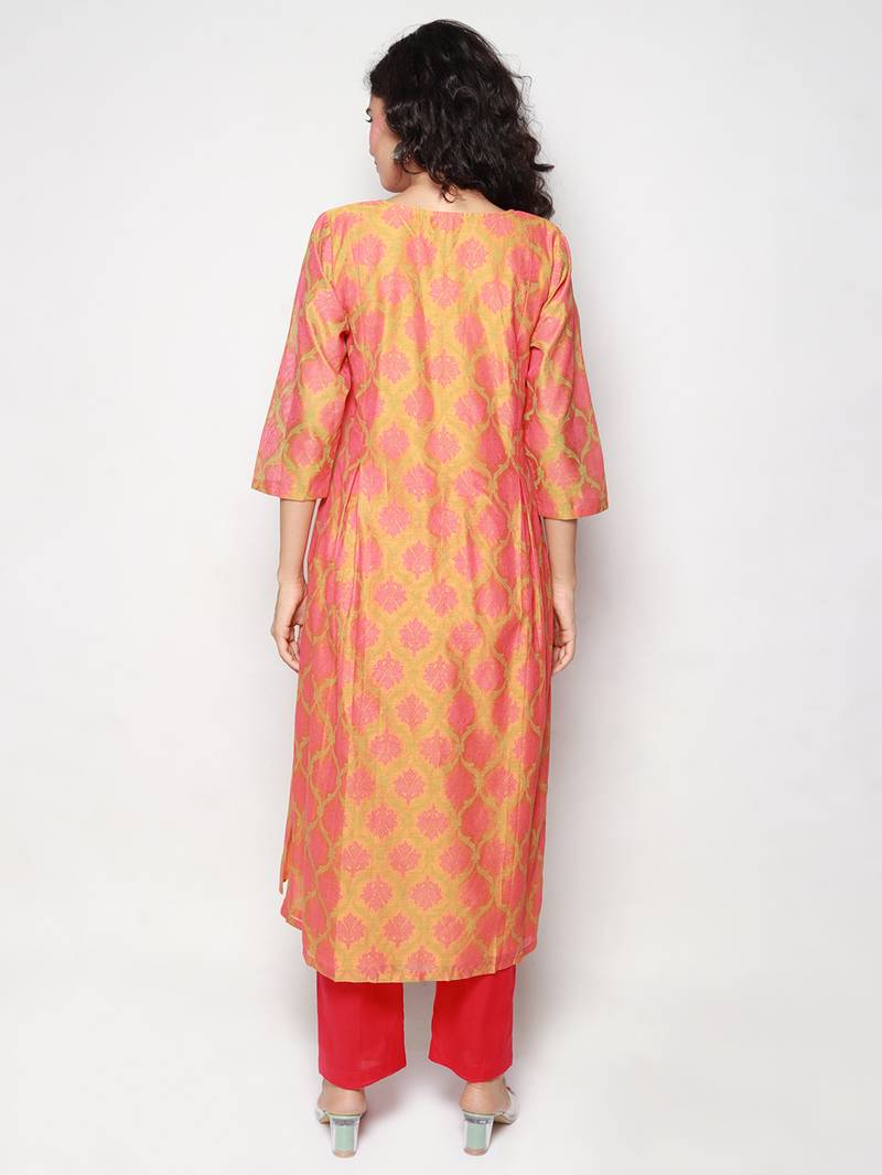 Orange Block Print Chanderi Pleated Kurta with Pants