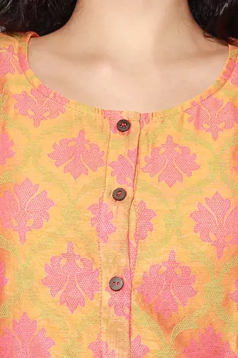 Orange Block Print Chanderi Pleated Kurta with Pants