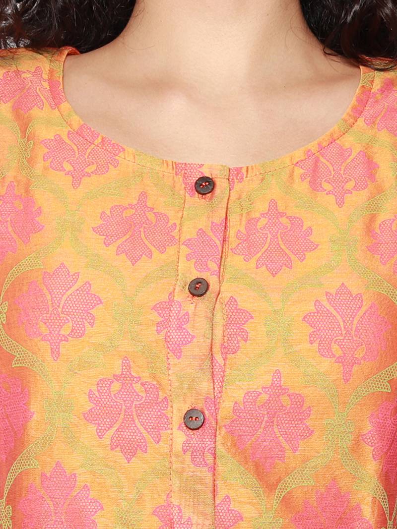 Orange Block Print Chanderi Pleated Kurta with Pants