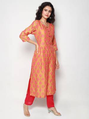 Orange Block Print Chanderi Pleated Kurta with Pants 4
