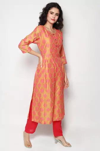 Orange Block Print Chanderi Pleated Kurta with Pants