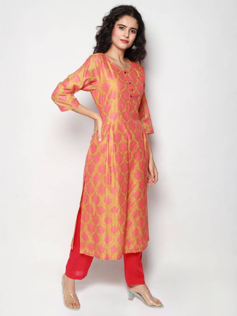 Orange Block Print Chanderi Pleated Kurta with Pants