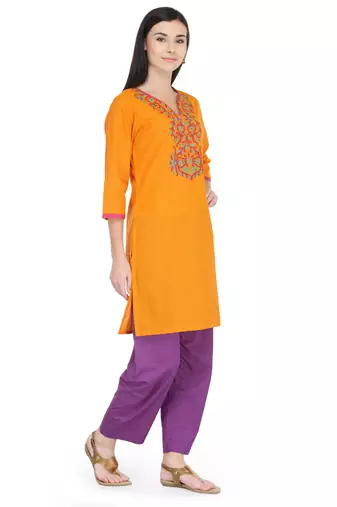 Orange Cotton Block Print Kurta