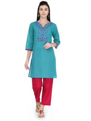 Teal Blue Cotton Block Print Kurta 1