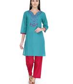Teal Blue Cotton Block Print Kurta