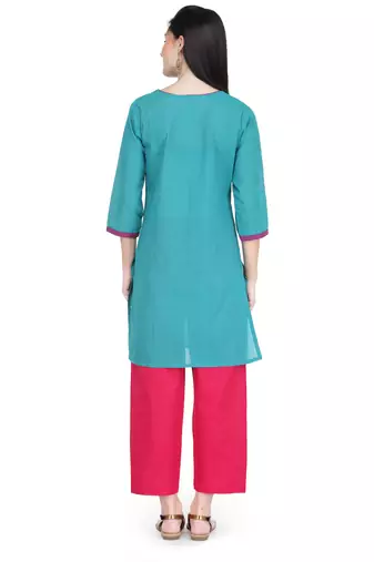 Teal Blue Cotton Block Print Kurta