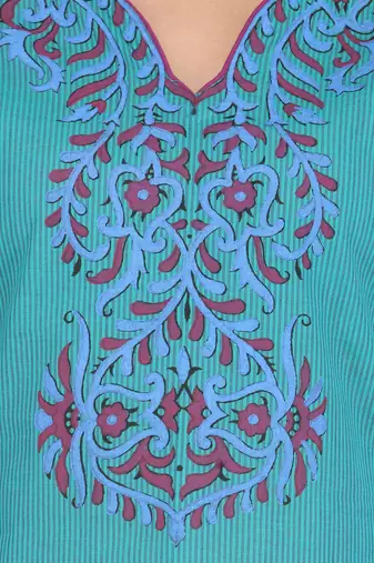 Teal Blue Cotton Block Print Kurta