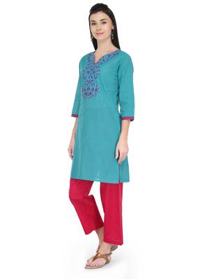 Teal Blue Cotton Block Print Kurta 4