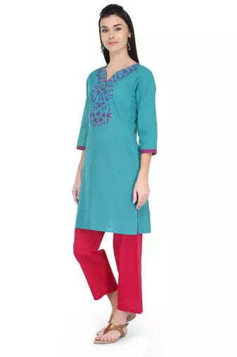 Teal Blue Cotton Block Print Kurta