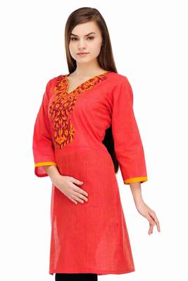 Red Cotton Block Print Kurta 4