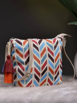 geomat natural & multi chevron printed polycotton sling bag 1