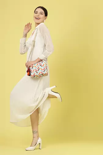 geomat natural & multi chevron printed polycotton sling bag