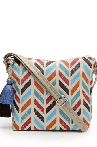 geomat natural & multi chevron printed polycotton sling bag