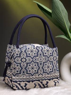 tribal beige & navy abstract cotton jacquard handheld bag 1