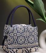 tribal beige & navy abstract cotton jacquard handheld bag